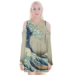 The Classic Japanese Great Wave Off Kanagawa By Hokusai Velvet Long Sleeve Shoulder Cutout Dress by PodArtist