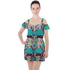 Cosmic Blue Submarine Ruffle Cut Out Chiffon Playsuit by chellerayartisans