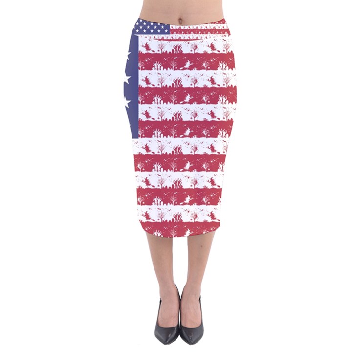 USA Flag Halloween Holiday Nightmare Stripes Velvet Midi Pencil Skirt