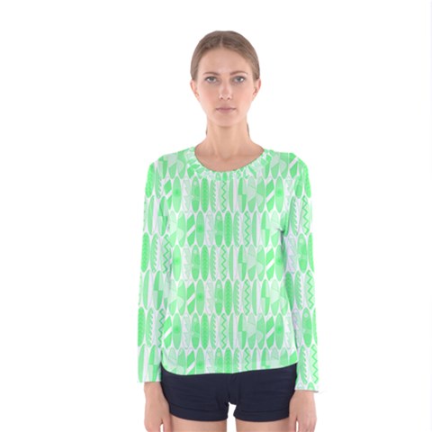 Bright Lime Green Colored Waikiki Surfboards  Women s Long Sleeve Tee by PodArtist