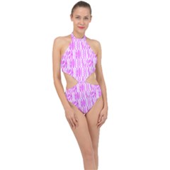 Bright Pink Colored Waikiki Surfboards  Halter Side Cut Swimsuit by PodArtist