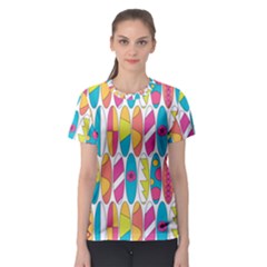 Mini Rainbow Colored Waikiki Surfboards  Women s Sport Mesh Tee