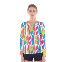 Mini Rainbow Colored Waikiki Surfboards  Women s Long Sleeve Tee