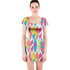 Mini Rainbow Colored Waikiki Surfboards  Short Sleeve Bodycon Dress