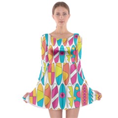 Mini Rainbow Colored Waikiki Surfboards  Long Sleeve Skater Dress