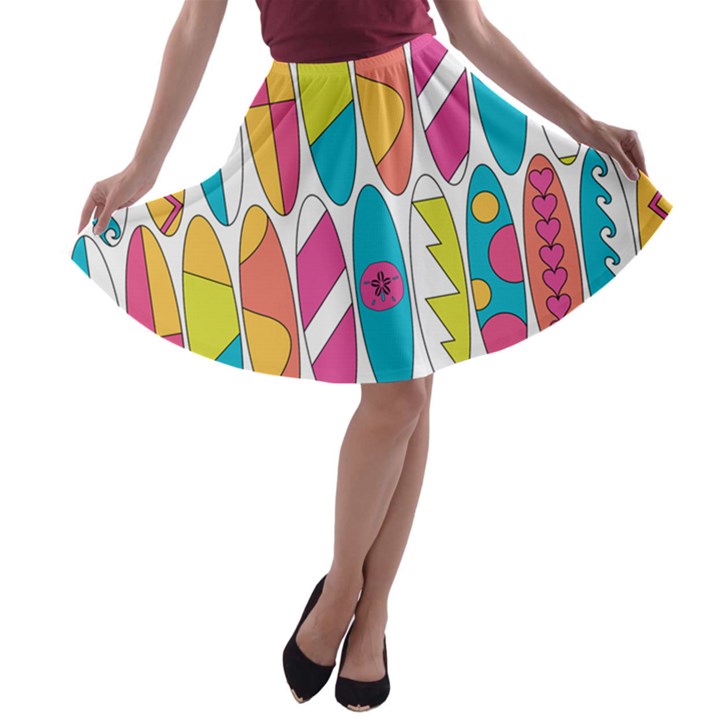 Mini Rainbow Colored Waikiki Surfboards  A-line Skater Skirt