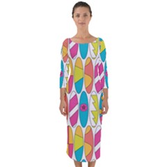 Mini Rainbow Colored Waikiki Surfboards  Quarter Sleeve Midi Bodycon Dress