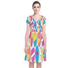 Mini Rainbow Colored Waikiki Surfboards  Short Sleeve Front Wrap Dress