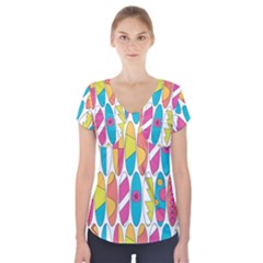 Mini Rainbow Colored Waikiki Surfboards  Short Sleeve Front Detail Top