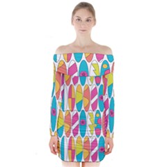 Mini Rainbow Colored Waikiki Surfboards  Long Sleeve Off Shoulder Dress