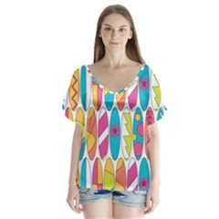 Mini Rainbow Colored Waikiki Surfboards  V-Neck Flutter Sleeve Top