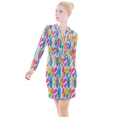 Mini Rainbow Colored Waikiki Surfboards  Button Long Sleeve Dress