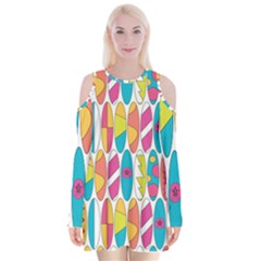 Mini Rainbow Colored Waikiki Surfboards  Velvet Long Sleeve Shoulder Cutout Dress