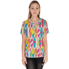 Mini Rainbow Colored Waikiki Surfboards  Women s V-Neck Scrub Top