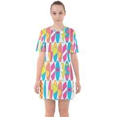 Mini Rainbow Colored Waikiki Surfboards  Sixties Short Sleeve Mini Dress