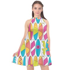 Mini Rainbow Colored Waikiki Surfboards  Halter Neckline Chiffon Dress 