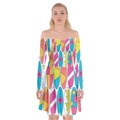 Mini Rainbow Colored Waikiki Surfboards  Off Shoulder Skater Dress