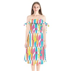 Mini Rainbow Colored Waikiki Surfboards  Shoulder Tie Bardot Midi Dress