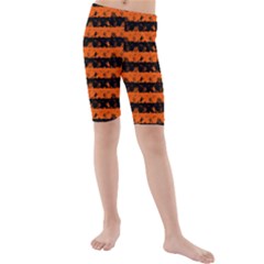 Orange And Black Spooky Halloween Nightmare Stripes Kids  Mid Length Swim Shorts by PodArtist