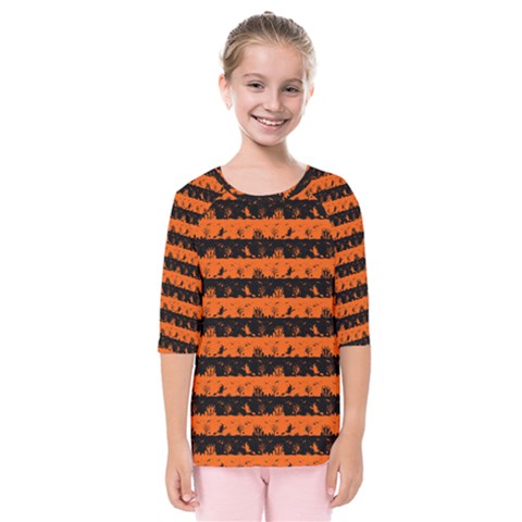 Orange And Black Spooky Halloween Nightmare Stripes Kids  Quarter Sleeve Raglan Tee by PodArtist