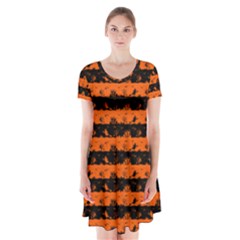 Orange And Black Spooky Halloween Nightmare Stripes Short Sleeve V-neck Flare Dress by PodArtist