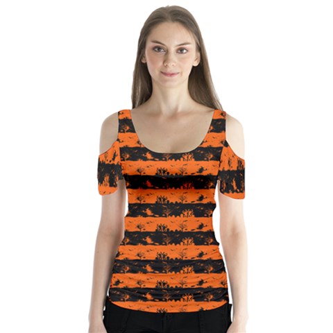 Orange And Black Spooky Halloween Nightmare Stripes Butterfly Sleeve Cutout Tee  by PodArtist