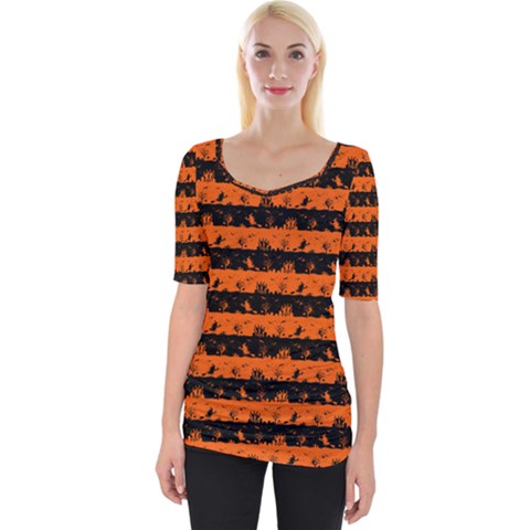 Orange And Black Spooky Halloween Nightmare Stripes Wide Neckline Tee by PodArtist