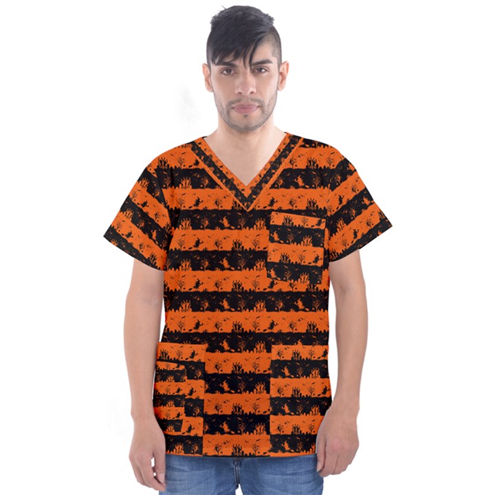 Orange and Black Spooky Halloween Nightmare Stripes Men s V-Neck Scrub Top