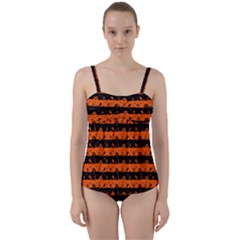 Orange And Black Spooky Halloween Nightmare Stripes Twist Front Tankini Set by PodArtist