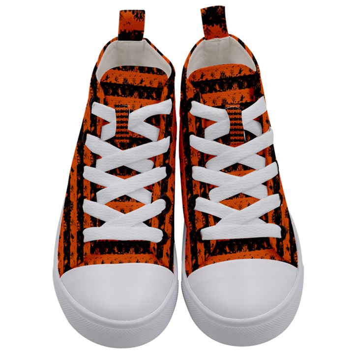 Orange and Black Spooky Halloween Nightmare Stripes Kid s Mid-Top Canvas Sneakers