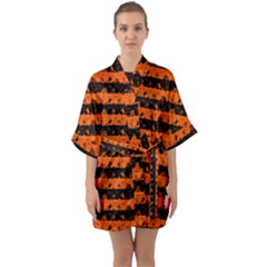 Orange And Black Spooky Halloween Nightmare Stripes Quarter Sleeve Kimono Robe by PodArtist