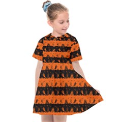 Orange And Black Spooky Halloween Nightmare Stripes Kids  Sailor Dress by PodArtist