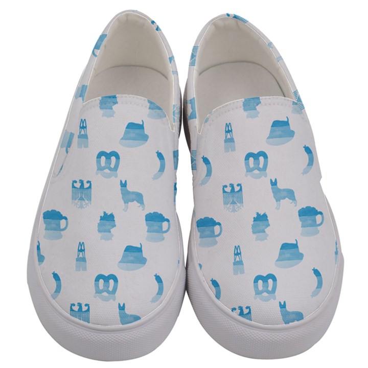 Oktoberfest Bavarian October Beer Festival Motifs in Bavarian Blue Men s Canvas Slip Ons