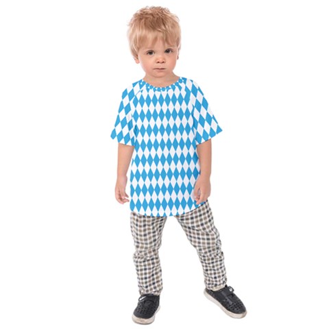 Oktoberfest Bavarian Blue And White Large Diagonal Diamond Pattern Kids Raglan Tee by PodArtist