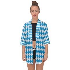 Oktoberfest Bavarian Blue And White Large Diagonal Diamond Pattern Open Front Chiffon Kimono by PodArtist