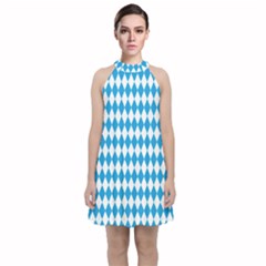 Oktoberfest Bavarian Blue And White Large Diagonal Diamond Pattern Velvet Halter Neckline Dress  by PodArtist