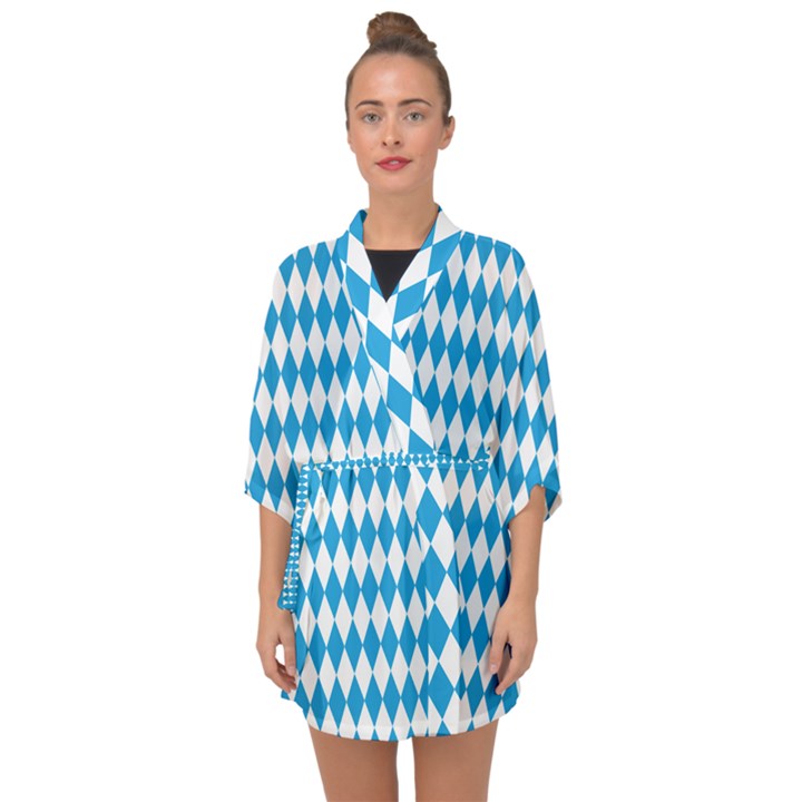 Oktoberfest Bavarian Blue and White Large Diagonal Diamond Pattern Half Sleeve Chiffon Kimono