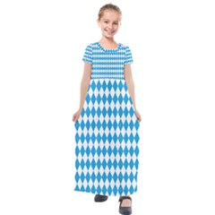 Oktoberfest Bavarian Blue And White Large Diagonal Diamond Pattern Kids  Short Sleeve Maxi Dress by PodArtist