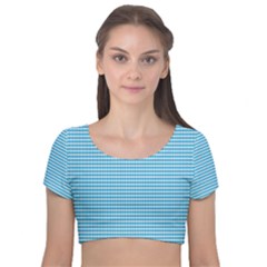 Oktoberfest Bavarian Blue And White Small Diagonal Diamond Pattern Velvet Short Sleeve Crop Top  by PodArtist