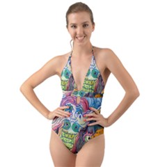 Watercolor Mermaid Halter Cut-out One Piece Swimsuit by chellerayartisans