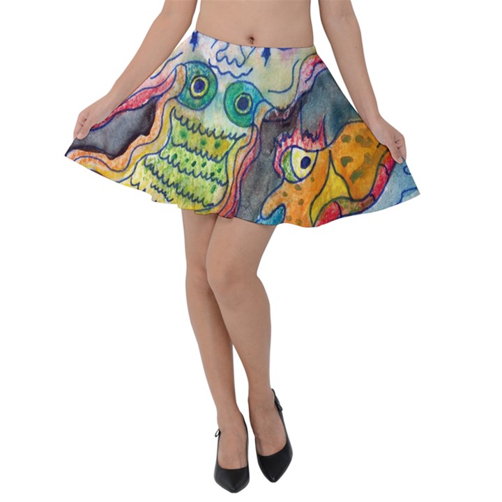 Watercolor Mermaid Velvet Skater Skirt