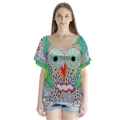 Cosmic Owl V-Neck Flutter Sleeve Top