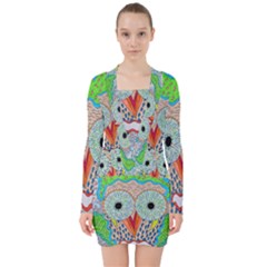 Cosmic Owl V-neck Bodycon Long Sleeve Dress by chellerayartisans