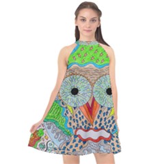 Cosmic Owl Halter Neckline Chiffon Dress 