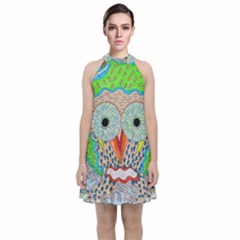 Cosmic Owl Velvet Halter Neckline Dress 