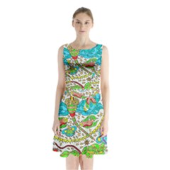 Cosmic Dragonflies Sleeveless Waist Tie Chiffon Dress