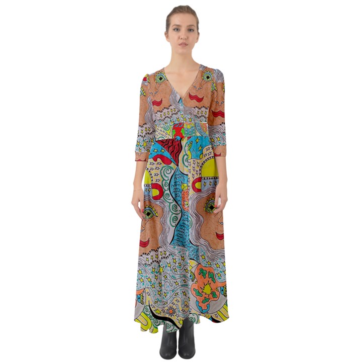 Cosmic Moon Angel Button Up Boho Maxi Dress