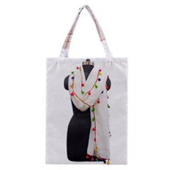 Indiahandycrfats Women Fashion White Dupatta With Multicolour Pompom All Four Sides For Girls/women Classic Tote Bag