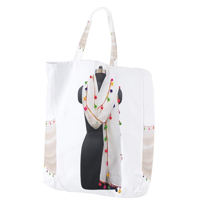 Indiahandycrfats women Fashion White Dupatta with Multicolour Pompom all four sides for Girls/women Giant Grocery Tote