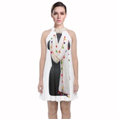 Indiahandycrfats Women Fashion White Dupatta With Multicolour Pompom All Four Sides For Girls/women Velvet Halter Neckline Dress 